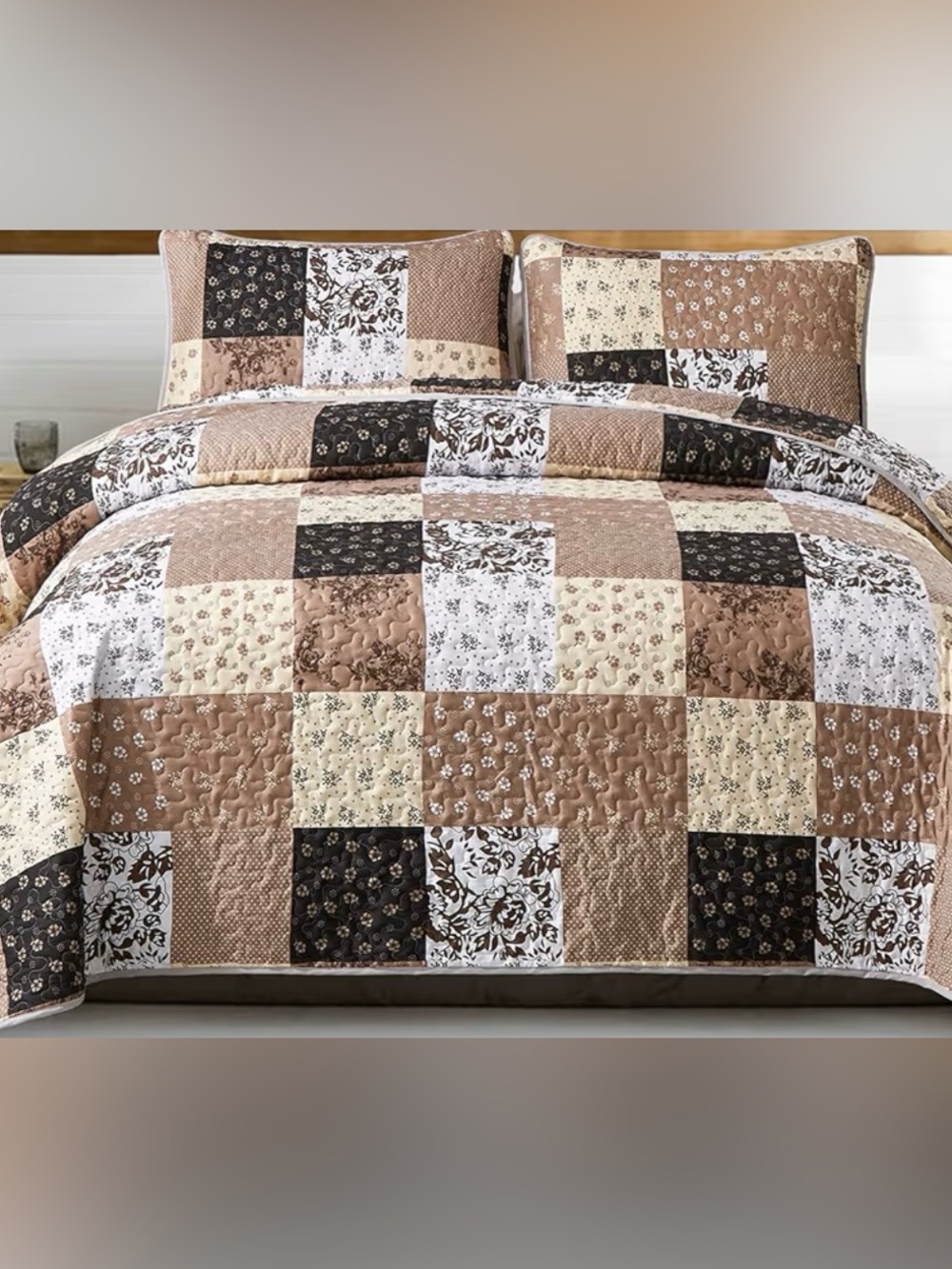 Patchwork Floral Quilt Set in Brown and Cream